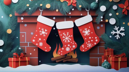 Three red stockings hanging from a fireplace mantle