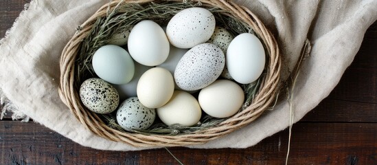 Easter egg arrangement in a rustic basket on a wooden table with natural elements and soft lighting for a festive spring feel