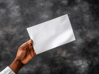 Hand holding blank paper napkin on dark background for mockup