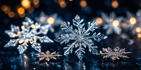 Magical white snowflakes over glitter dark background