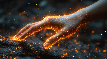 human hand reaching out toward vibrant digital streams of data symbolizing connectivity innovation and the merging of technology with human interaction in the digital age emphasizing interconnection