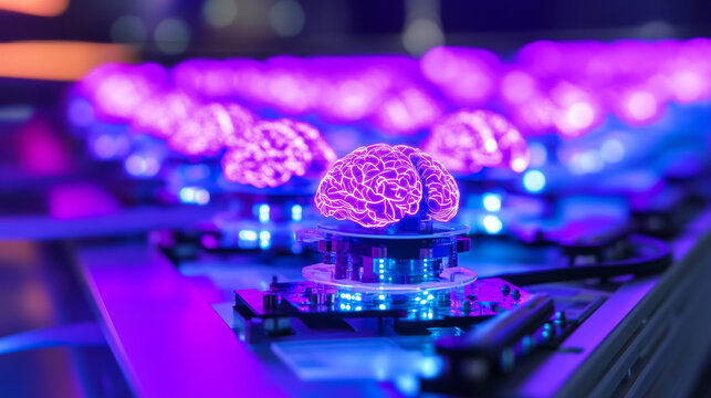 Artificial intelligence isometric landing page, ai technologies, glowing human brain levitate on antigravity platform with microcircuits on neon glowing futuristic background, 3d vector web banner