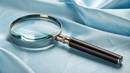 Fototapeta premium Sleek 3D Magnifying Glass on Soft Blue Background - Modern Design, Clear Lens, Elegant Aesthetics, Photography, Close-Up, Professional, Office Supplies, Optical Tools, Stylish Decor