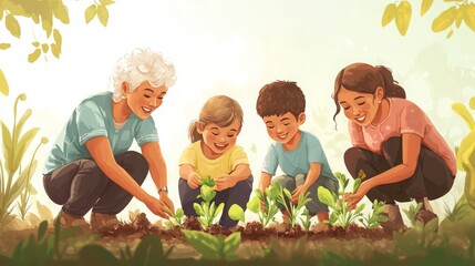 Fototapeta premium Intergenerational Family Gardening and Connection