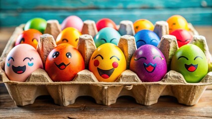 A carton of brightly colored Easter eggs with painted faces expressing a variety of emotions, capturing the joy and whimsy of the holiday season.