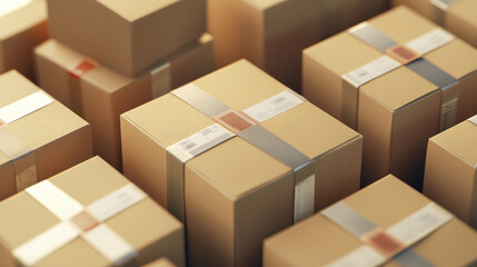 Cardboard boxes mockup, 3d vector cargo and parcel packages top, front and bottom view with tape and paper labels. Realistic carton closed packaging for goods, isolated packs for freight shipping