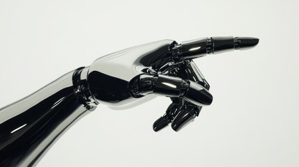 Chrome and black robotic hand extended in a pointing gesture, high-tech vibe on white background
