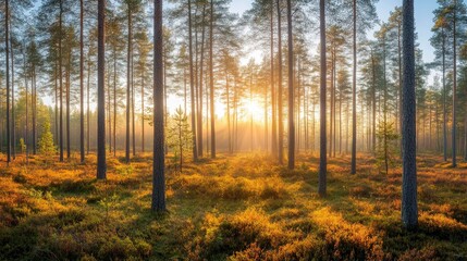 Fototapeta premium Serene forest meadow at sunrise with dew drops, gentle morning fog, and golden sunlight illuminating the picturesque landscape.