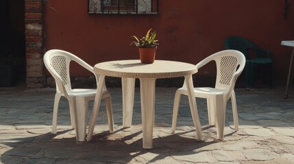 Outdoor garden setup featuring four empty white plastic chairs around a terrazzo table with a small plant in a serene brick setting.