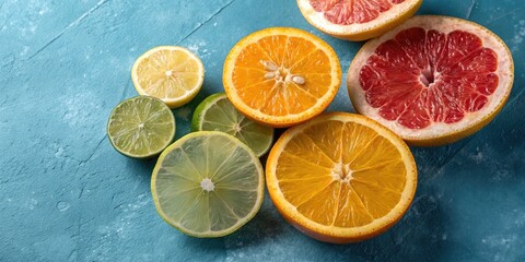 Fototapeta premium Vibrant Sliced Citrus Fruits on a Cool Blue Textured Surface - Refreshing Lemon, Lime, Orange, and Grapefruit Display for Food Photography, Culinary Art, and Colorful Composition