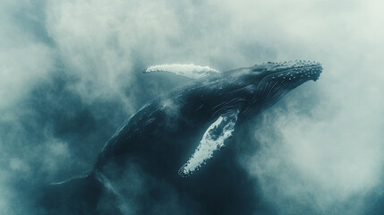 Fototapeta premium surreal depiction of a humpback whale floating through fluffy white clouds against a bright blue sky symbolizing freedom imagination environmental harmony and the blending of ocean and sky