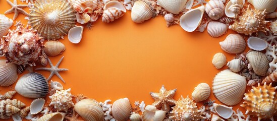 Seashell frame on vibrant orange background perfect for summer themes and holiday memory collections