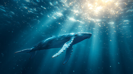 Obraz premium surreal depiction of a humpback whale floating through fluffy white clouds against a bright blue sky symbolizing freedom imagination environmental harmony and the blending of ocean and sky