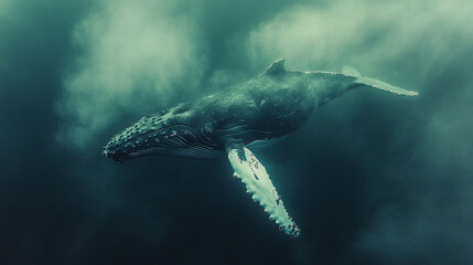 Fototapeta premium surreal depiction of a humpback whale floating through fluffy white clouds against a bright blue sky symbolizing freedom imagination environmental harmony and the blending of ocean and sky