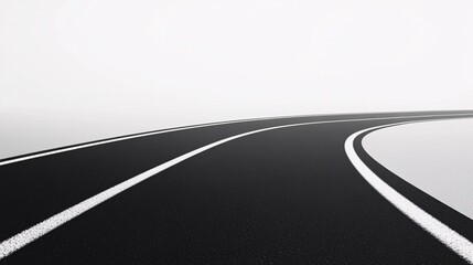 Obraz premium 27.A minimalist 3D rendering of a road that bends in the distance, with clean white lines running along the asphalt. The smooth curvature of the road and the empty environment make it a perfect