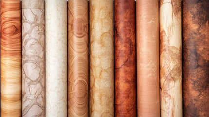 Variety of wallpaper rolls displayed in a closeup showing diverse textures and colors ideal for home decor inspiration.