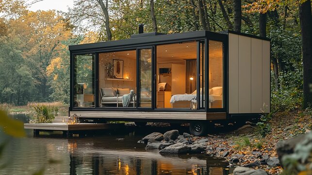 Cozy tiny house on wheels situated by a tranquil lake in autumn scenery