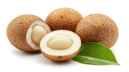 Fresh longan fruit with green leaf on a white background showcasing its unique texture and interior in full depth of field composition.