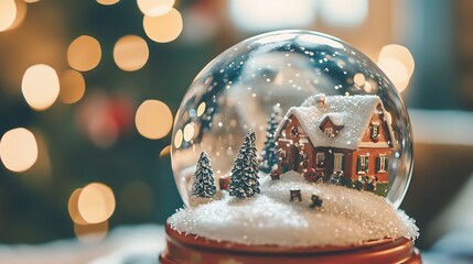  A close-up of a Christmas snow globe with a tiny village inside, snow swirling around as it’s gently shaken 