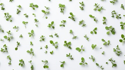 Fototapeta premium Fresh oregano leaves arranged artistically on a white background showcasing their vibrant green colors and natural texture for culinary use.