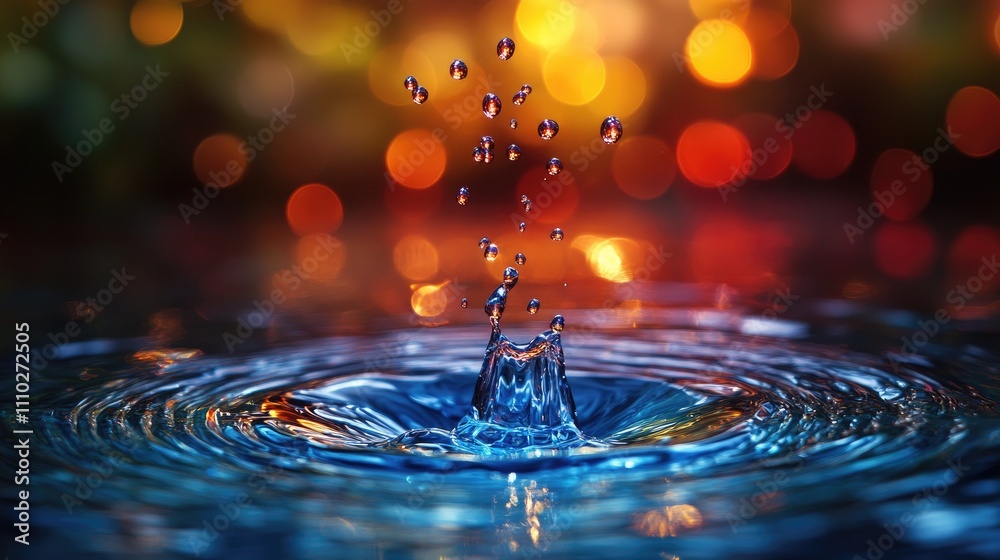 Poster vibrant water droplets splashing in a serene reflective surface with an artistic bokeh background cr