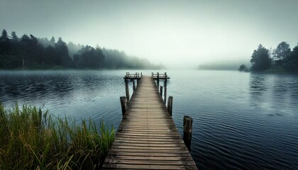 A tranquil wooden pier stretches into a serene lake surrounded by misty forest, creating a calm and atmospheric scene.