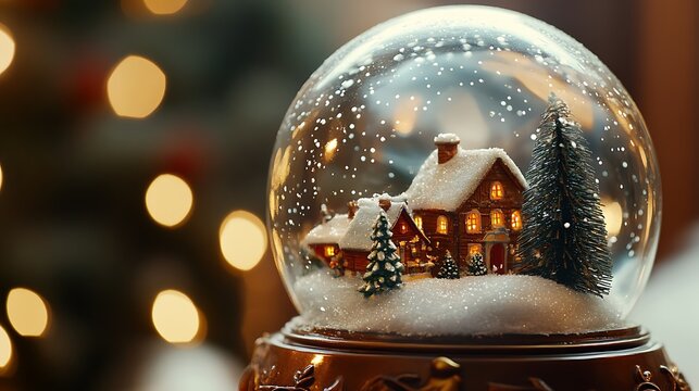  A close-up of a Christmas snow globe with a tiny village inside, snow swirling around as it’s gently shaken 