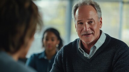 A Baby Boomer in a leadership role, directing a team of employees during a work meeting.