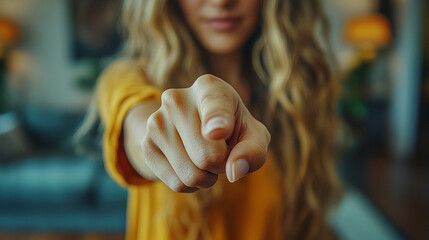 woman’s index finger pointing directly at the viewer conveying confidence, engagement, and a sense of direction with a clean and sharp focus on her gesture