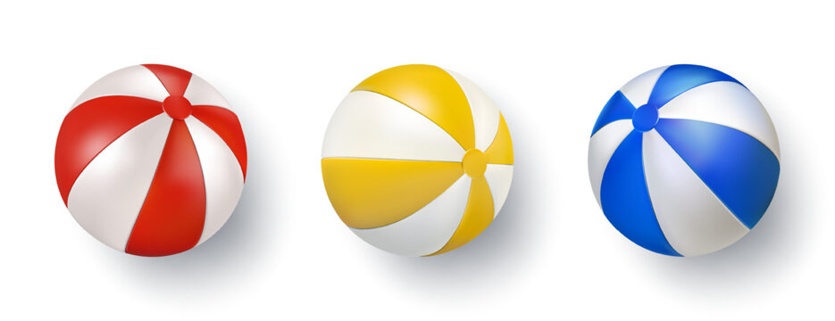 Beach ball for island ocean pool. Red, yellow and blue inflatable balloon for circus clown. 3d summer water party kid toy element. Sea swimming beachball, bright color object top view. Vector isolated