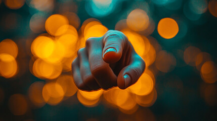 woman’s index finger pointing directly at the viewer conveying confidence, engagement, and a sense of direction with a clean and sharp focus on her gesture