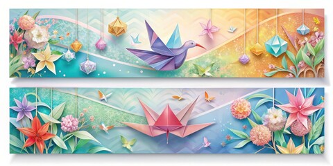 A vibrant floral and geometric design with origami birds, butterflies, and geometric shapes, depicting a cheerful and colorful world