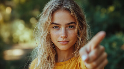 woman’s index finger pointing directly at the viewer conveying confidence, engagement, and a sense of direction with a clean and sharp focus on her gesture