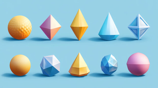Geometric 3d shapes hemisphere, octahedron, sphere and torus, cone, cylinder and pyramid with icosahedron. Basic voluminous geometry figures for education, Realistic vector illustration, icons set