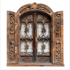 Old window isolated, antique door, wood shutters, vintage wooden windows, closed wardrobe