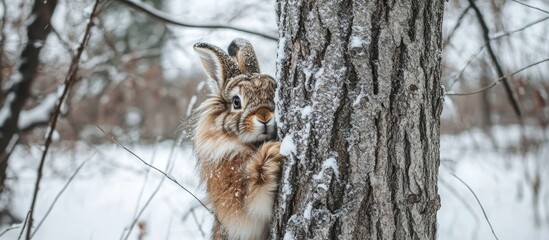 Rabbit peeking from behind a snow-covered tree in a tranquil winter forest setting with soft snowflakes falling around it.