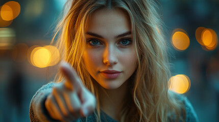 woman’s index finger pointing directly at the viewer conveying confidence, engagement, and a sense of direction with a clean and sharp focus on her gesture