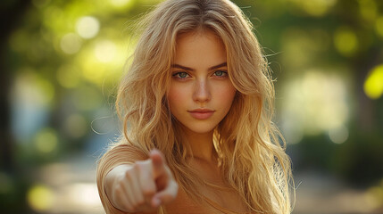 woman’s index finger pointing directly at the viewer conveying confidence, engagement, and a sense of direction with a clean and sharp focus on her gesture