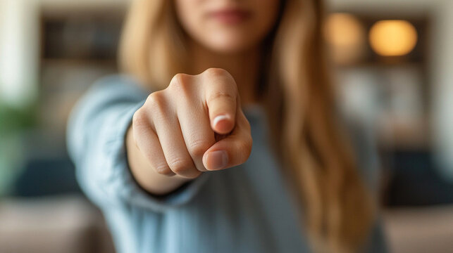 woman’s index finger pointing directly at the viewer conveying confidence, engagement, and a sense of direction with a clean and sharp focus on her gesture