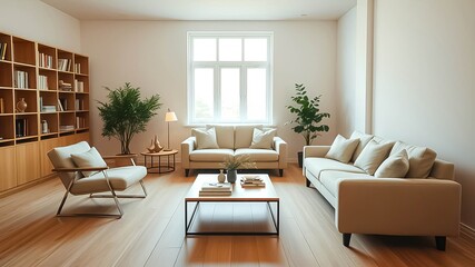 Fototapeta premium Serene living room interior design with light beige sofas, wooden floor, and a built-in bookcase