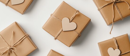 Brown gift boxes with heart-shaped labels arranged on a white background for a celebration or special occasion concept.