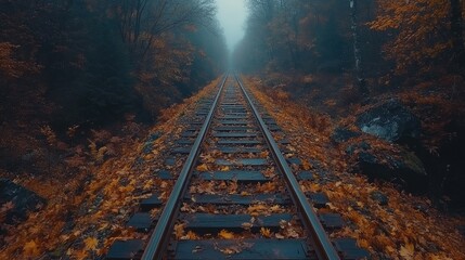 Naklejka premium Abandoned railroad track surrounded by autumn foliage showcasing vintage colors and a serene perspective from above.