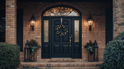 Festive Christmas front door with wreath, lanterns, and brick facade.