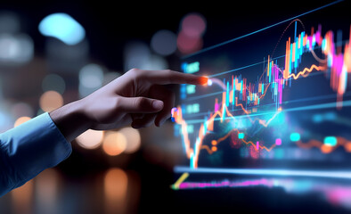 A focused young businessman interacts with a futuristic digital interface, touching a virtual screen with rising bar charts and data visualizations. 