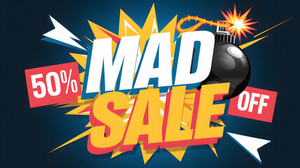 Explosive sale banner featuring "Mad Sale" and 50% off for promotional events, eye-catching design, copy space