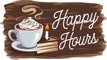 Cozy coffee and cake banner featuring "Happy Hours" text for promotions, inviting design, copy space
