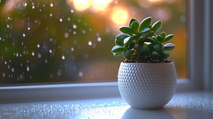 Crassula ovata plant in textured white pot on windowsill with raindrops creating a serene ambiance during a rainy day with soft focus effect