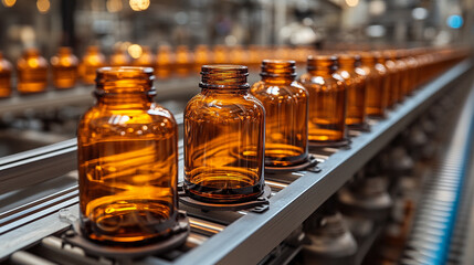  row of empty amber glass bottles arranged on an assembly line symbolizing the concept of mass production, industrial work, and the potential for transformation or repurposing in a creative setting