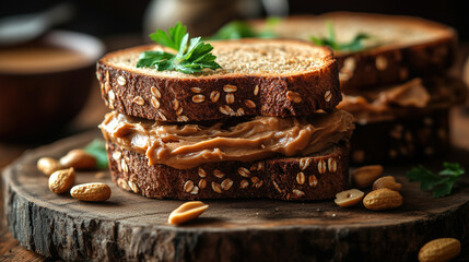 Delicious peanut butter sandwich on whole grain bread with garnished parsley set on a rustic wooden cutting board. Generative AI