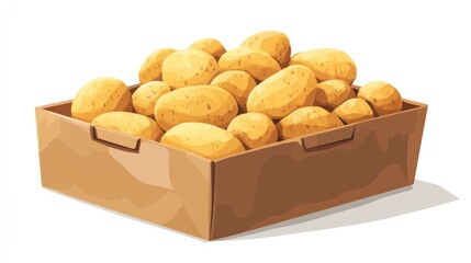 Detailed vector art of unwashed potatoes with natural blemishes stacked in a cardboard box, isolated on a clean white background